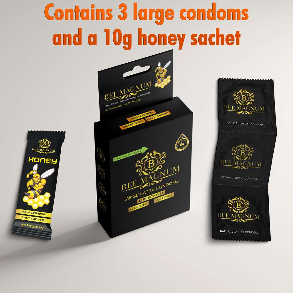 BEE MAGNUM - Honey 10g, 3 Free Latex Condoms Included Size L