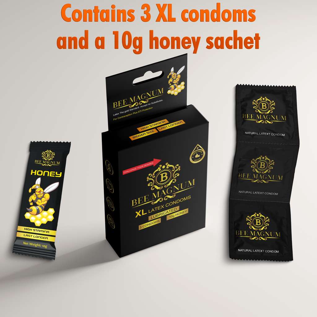 BEE MAGNUM - Honey 10g, 3 Free Latex Condoms Included Size XL